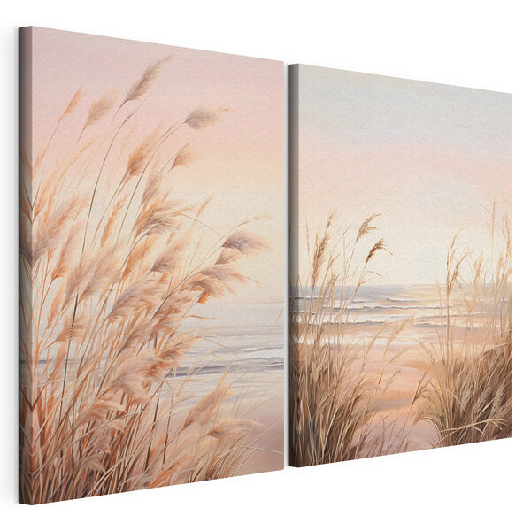 Zachte golven ontmoeten goudkleurig gras Modulaire canvasprint Zachte golven ontmoeten goudkleurig gras