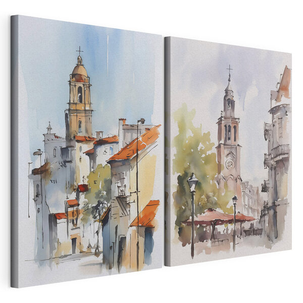 Aquarel van een kerk en een gebouw Modulaire canvasprint Aquarel van een kerk en een gebouw