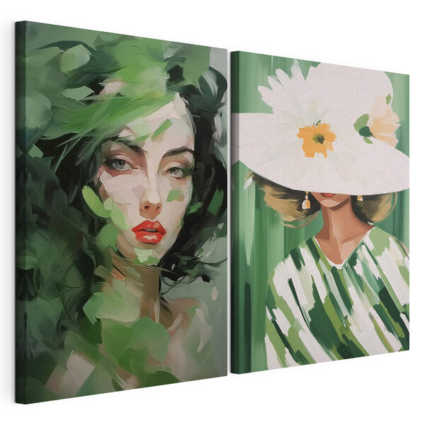 Twee foto’s van vrouwen met bladeren Modulaire canvasprint Twee foto’s van vrouwen met bladeren