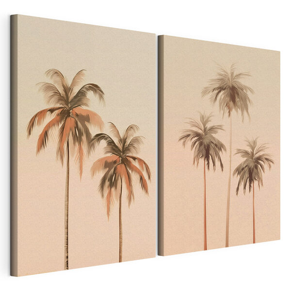 Palmbomen tegen een roze achtergrond Modulaire canvasprint Palmbomen tegen een roze achtergrond