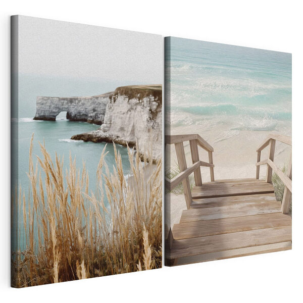 Houten loopbrug die naar het strand leidt Modulaire canvasprint Houten loopbrug die naar het strand leidt