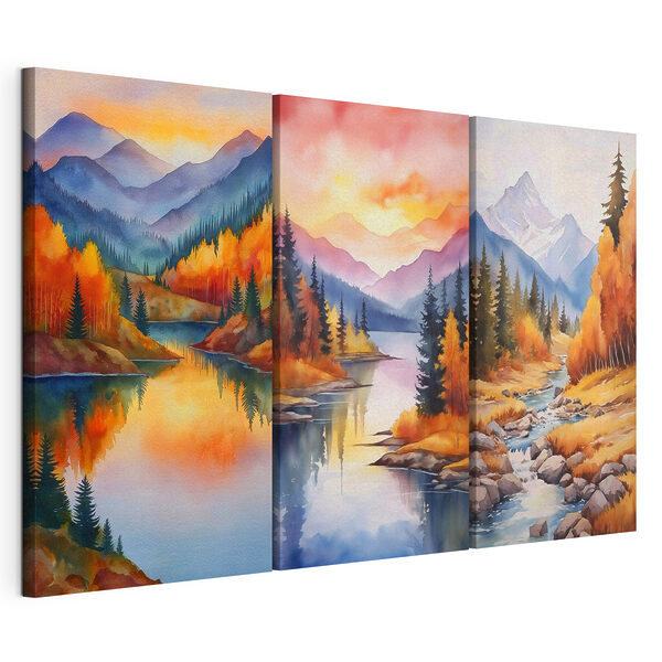 Een reeks schilderijen van een rivier en bergen Modulaire canvasprint Een reeks schilderijen van een rivier en bergen