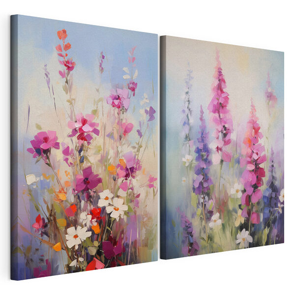 Schilderij van bloemen in een veld Modulaire canvasprint Schilderij van bloemen in een veld