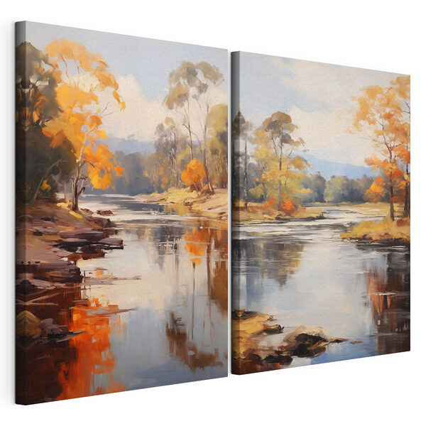 Modulaire canvasprint Rivier met bomen en een bewolkte hemel