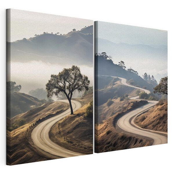 Een bochtige weg met een boom erop Modulaire canvasprint Een bochtige weg met een boom erop
