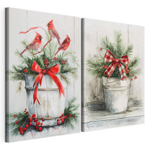 Twee aquarellen van vogels en een emmer met planten Modulaire canvasprint Twee aquarellen van vogels en een emmer met planten