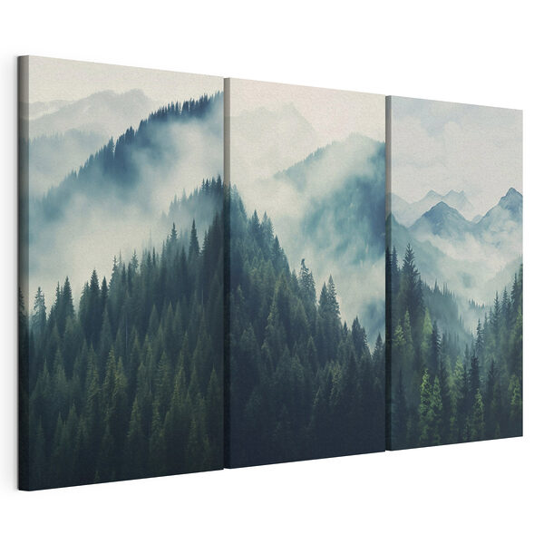 Bergketen met bomen en mist Modulaire canvasprint Bergketen met bomen en mist