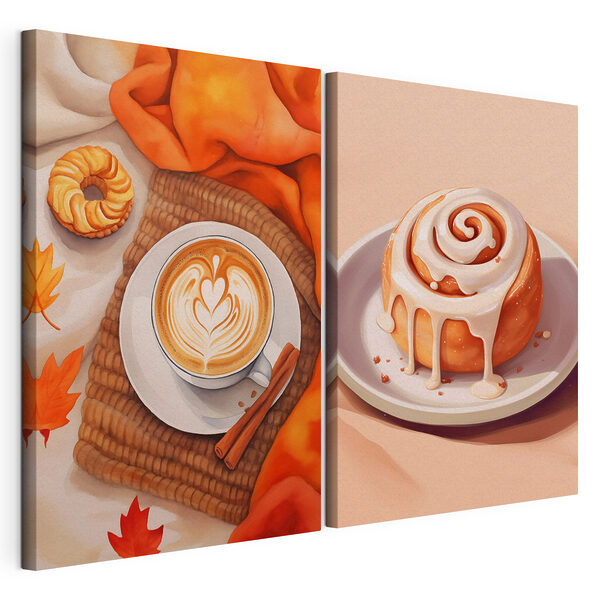Modulaire canvasprint Een kopje koffie en een kaneelbroodje