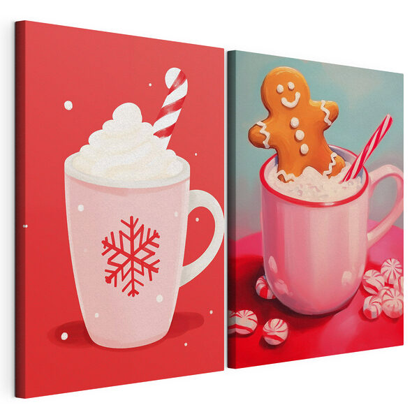 Modulaire canvasprint Een paar mokken warme chocolademelk en een peperkoekmannetje