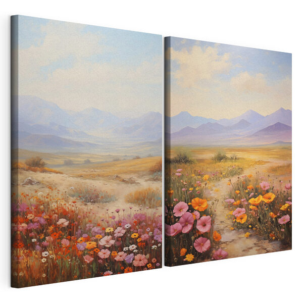 Schilderij van een landschap met bloemen Modulaire canvasprint Schilderij van een landschap met bloemen