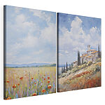 Modulaire canvasprint Schilderij van een landschap met een gebouw en een bloemenveld