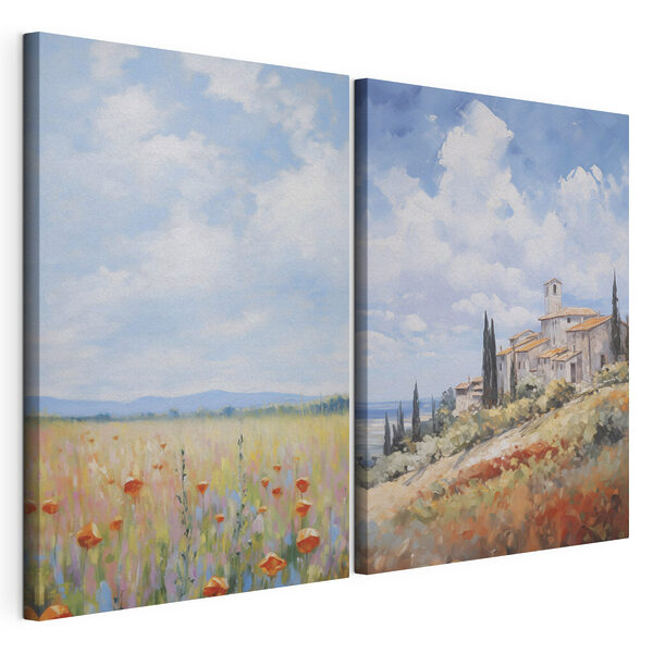 Schilderij van een landschap met een gebouw en een bloemenveld Modulaire canvasprint Schilderij van een landschap met een gebouw en een bloemenveld