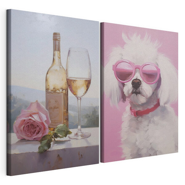 Schilderij van een hond en een wijnglas Modulaire canvasprint Schilderij van een hond en een wijnglas