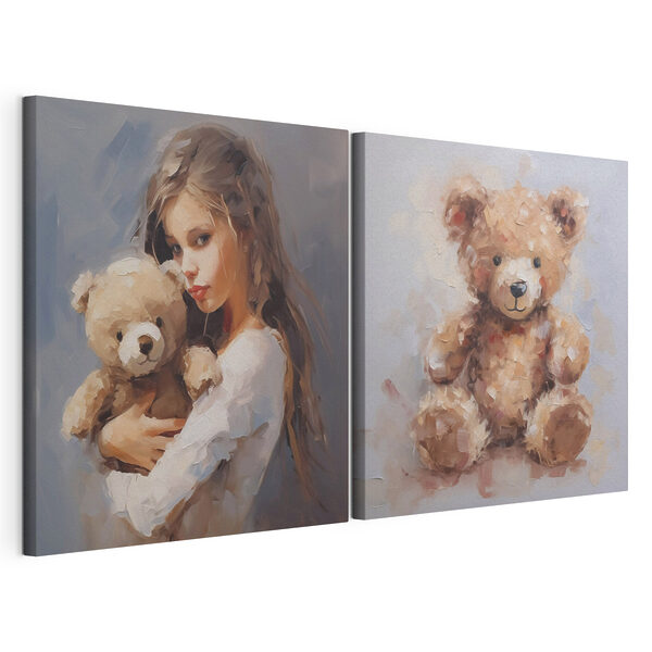 Modulaire canvasprint Meisje met een knuffelbeer in haar armen