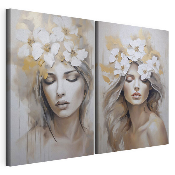 Modulaire canvasprint Schilderij van een vrouw met bloemen op haar hoofd