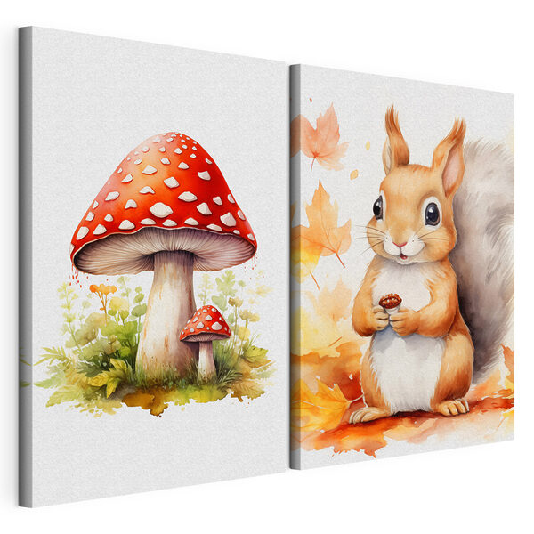 Eekhoorn met een paddenstoel in zijn pootjes Modulaire canvasprint Eekhoorn met een paddenstoel in zijn pootjes