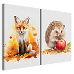 Modulaire canvasprint Een vos en een egel die een appel vasthouden