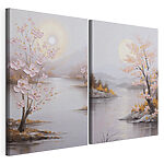 Modulaire canvasprint Schilderij van een rivier en een boom met roze bloemen