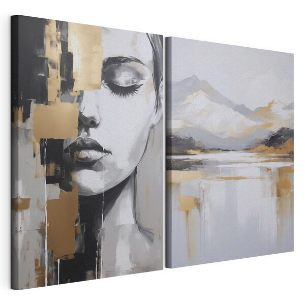 Twee schilderijen van het gezicht van een vrouw Modulaire canvasprint Twee schilderijen van het gezicht van een vrouw