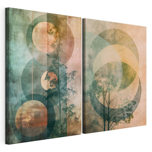 Een paar afbeeldingen van bomen en cirkels Modulaire canvasprint Een paar afbeeldingen van bomen en cirkels
