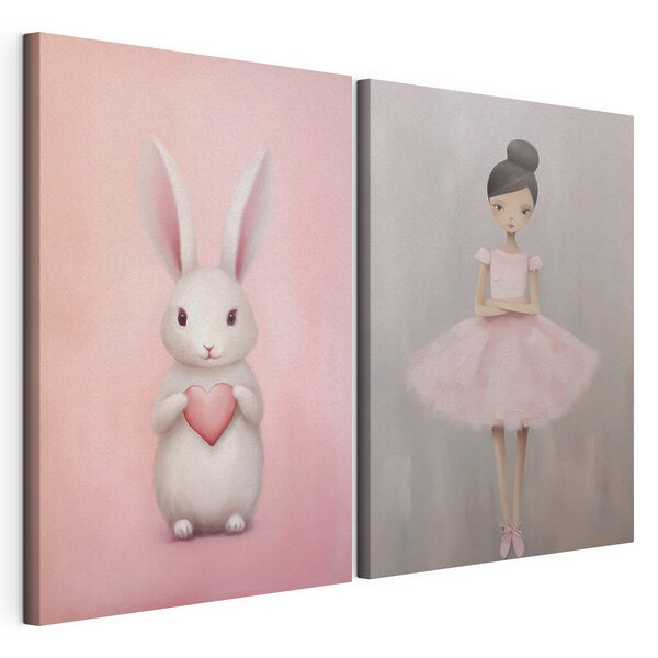 Modulaire canvasprint Twee schilderijen van een meisje en een konijn
