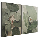 Modulaire canvasprint Het gezicht van een vrouw, omringd door bladeren