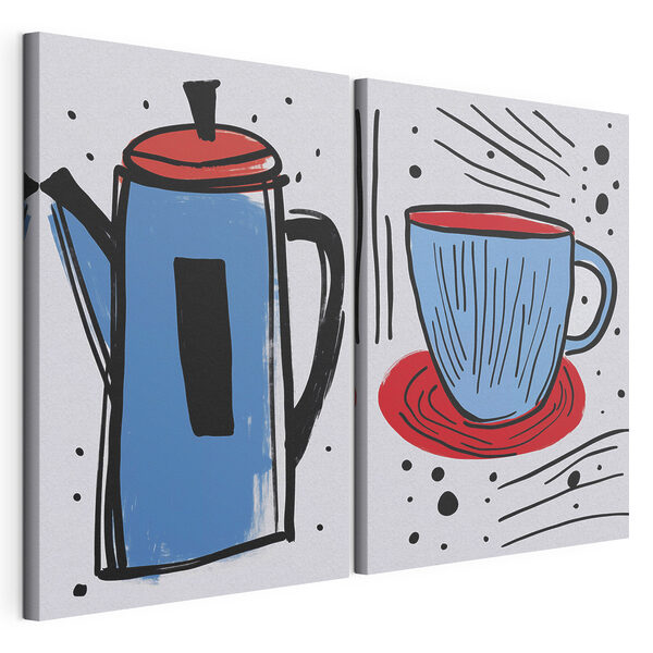 Modulaire canvasprint Tekening van een koffiepot en een kopje