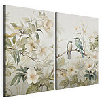 Modulaire canvasprint Twee vogels op een tak met bloemen