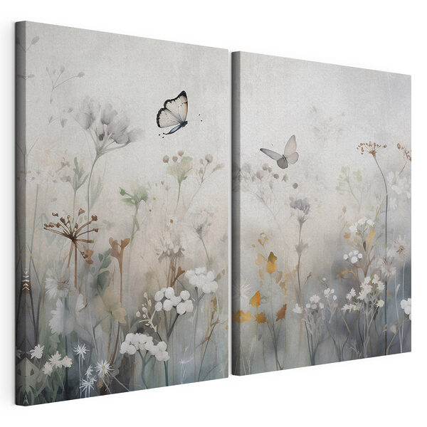 Schilderij van bloemen en vlinders Modulaire canvasprint Schilderij van bloemen en vlinders