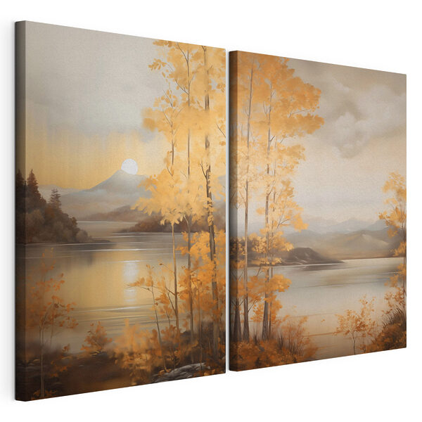 Schilderij van een berg en een meer Modulaire canvasprint Schilderij van een berg en een meer