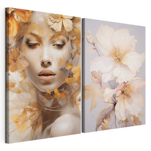 Modulaire canvasprint Vrouw met bloemen en een etalagepop
