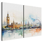 Modulaire canvasprint Aquarel van een stad en een reuzenrad