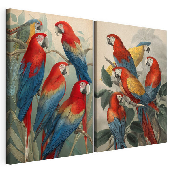 Een groep papegaaien op een tak Modulaire canvasprint Een groep papegaaien op een tak