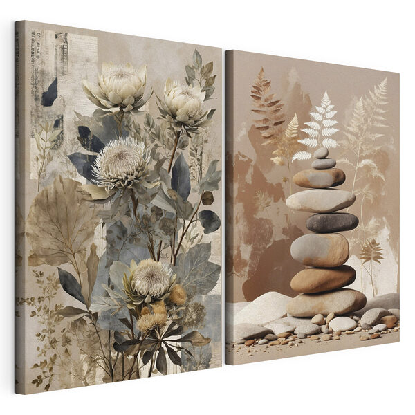 Collage van bloemen en stenen Modulaire canvasprint Collage van bloemen en stenen