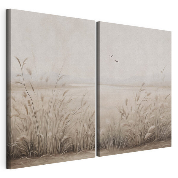 Schilderij van gras en vliegende vogels Modulaire canvasprint Schilderij van gras en vliegende vogels