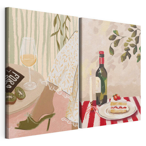 Modulaire canvasprint Schilderij van de voeten van een vrouw en een taart op een tafel