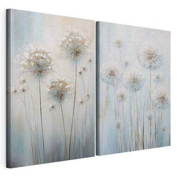 Schilderij van paardenbloemen op een blauwe achtergrond Modulaire canvasprint Schilderij van paardenbloemen op een blauwe achtergrond