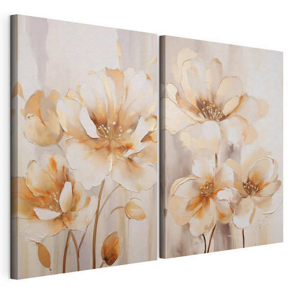 Modulaire canvasprint Twee schilderijen van bloemen op een beige achtergrond