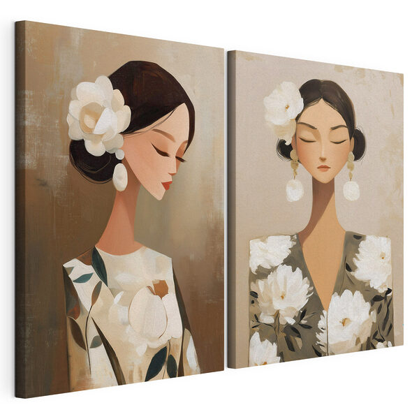 Collage van een vrouw met bloemen in haar haar Modulaire canvasprint Collage van een vrouw met bloemen in haar haar
