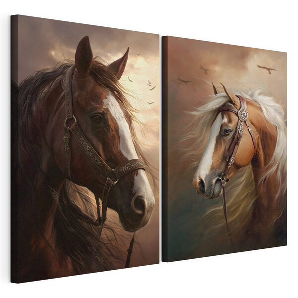 Collage van paarden met een hoofdstel Modulaire canvasprint Collage van paarden met een hoofdstel