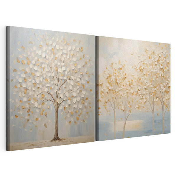 Twee schilderijen van bomen met bladeren Modulaire canvasprint Twee schilderijen van bomen met bladeren