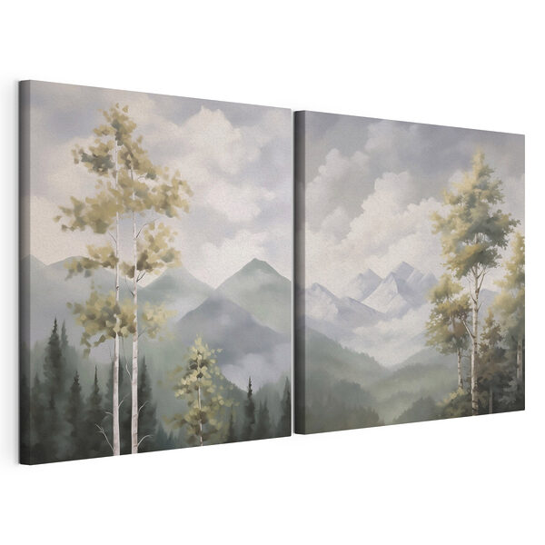 Schilderij van bergen en bomen Modulaire canvasprint Schilderij van bergen en bomen