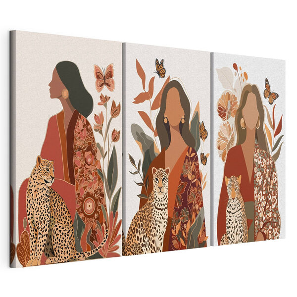 Vrouw die naast een cheetah zit Modulaire canvasprint Vrouw die naast een cheetah zit