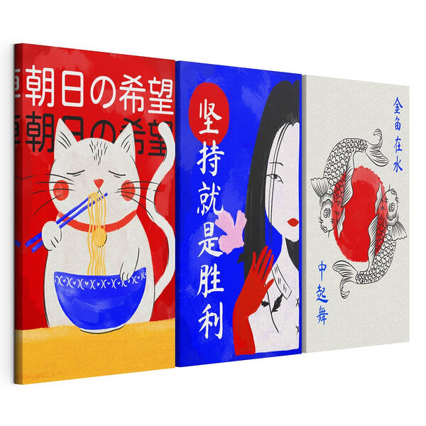 Modulaire canvasprint Collage van banners met vissen en een rode cirkel