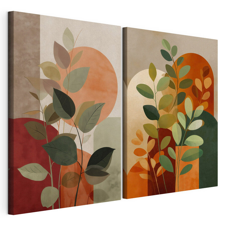 Modulaire canvasprint Schilderij van bladeren en een zon (Artikelnummer: m30266) Modulaire canvasprint Schilderij van bladeren en een zon (Artikelnummer: m30266)