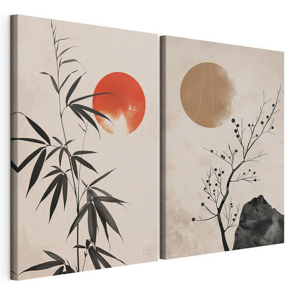 Twee afbeeldingen van planten en een rode zon Modulaire canvasprint Twee afbeeldingen van planten en een rode zon