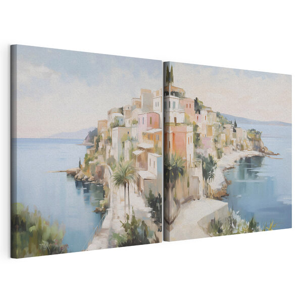 Schilderij van een stad op een heuvel Modulaire canvasprint Schilderij van een stad op een heuvel