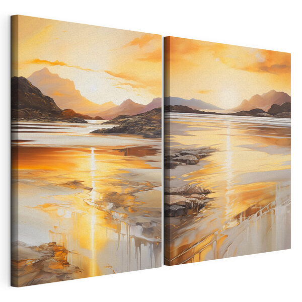 Schilderij van een strand en bergen Modulaire canvasprint Schilderij van een strand en bergen