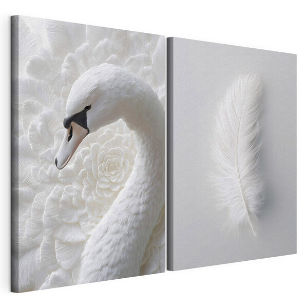 Een witte veer en een zwaan Modulaire canvasprint Een witte veer en een zwaan