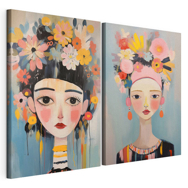 Modulaire canvasprint Twee schilderijen van een vrouw met bloemen